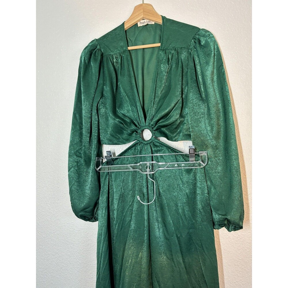 Peach Love California Dress Womens M Green Satin Cutout Ring Maxi Gown Fairy - Picture 7 of 16